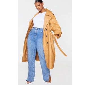 Plus Camel Faux Leather Drop Arm Midi Trench
